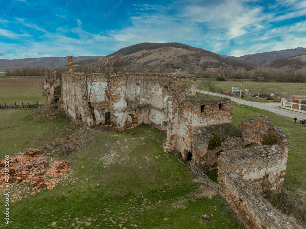 Aerial view of Alvinc Martinuzzi Castle ruin in Vintu de Jos, Transylvania Romania
