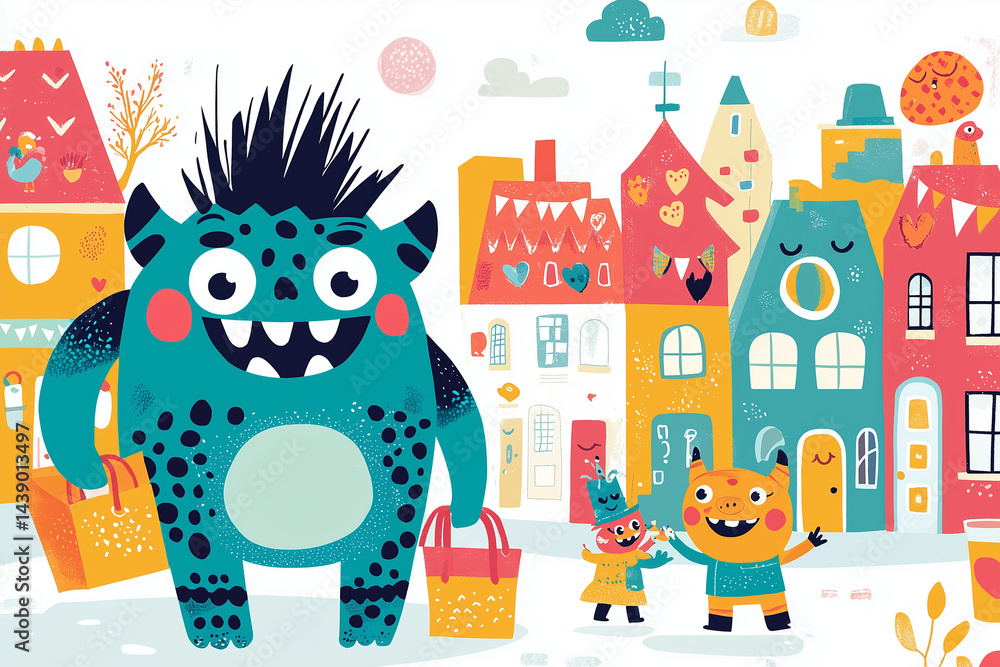 Fototapeta premium friendly cartoon monsters living in a small colorful town, houses with funny shapes, smiling monsters shopping and playing