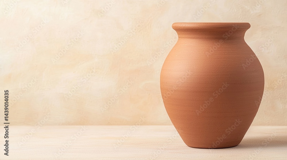 A simple clay pot stands against a textured beige background, showcasing its earthy tones and traditional craftsmanship. A simple clay pot stands against a textured beige background, showcasing its earthy tones and traditional craftsmanship.