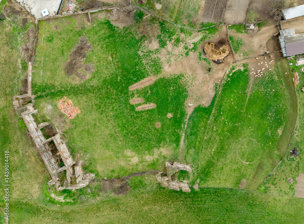 Aerial ground plan view of Alvinc Martinuzzi Castle ruin in Vintu de Jos, Transylvania Romania