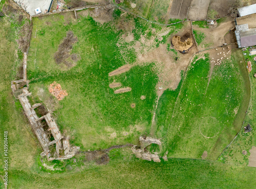 Aerial ground plan view of Alvinc Martinuzzi Castle ruin in Vintu de Jos, Transylvania Romania