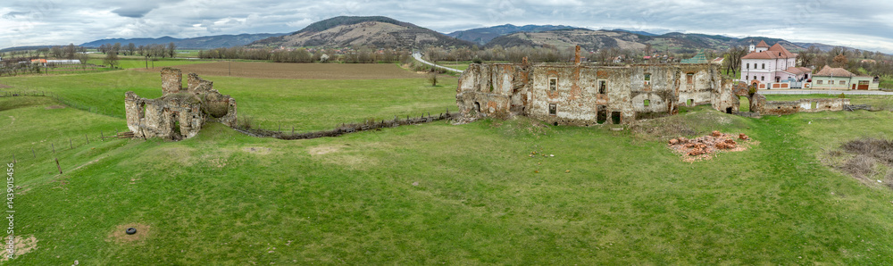 Aerial view of Alvinc Martinuzzi Castle ruin in Vintu de Jos, Transylvania Romania