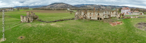 Aerial view of Alvinc Martinuzzi Castle ruin in Vintu de Jos, Transylvania Romania