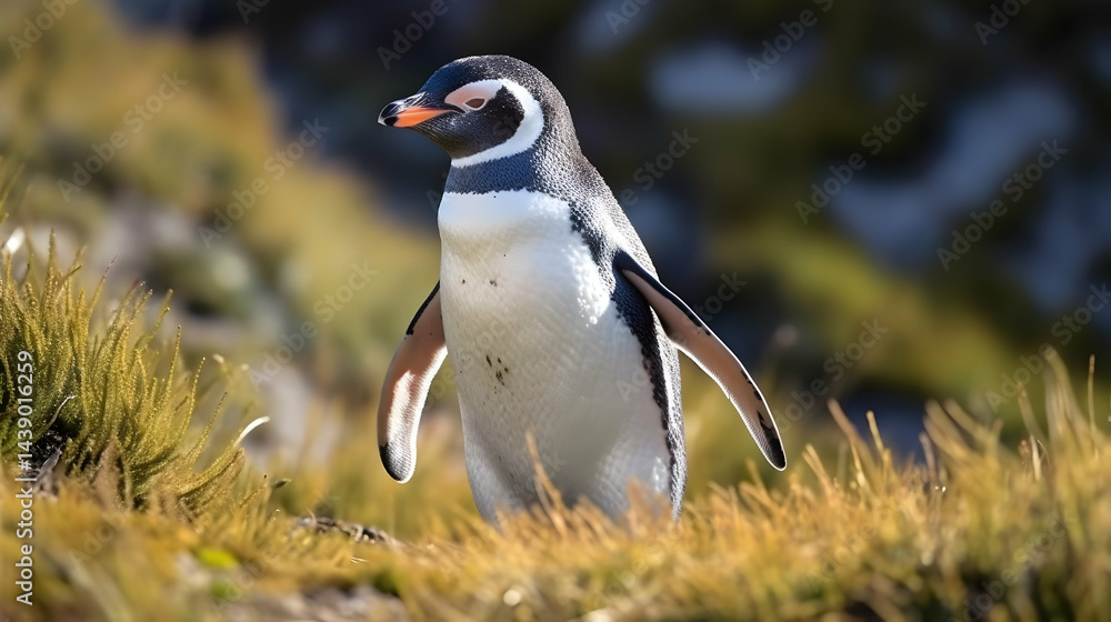 Naklejka premium Magellanic Penguin in Grassy Habitat