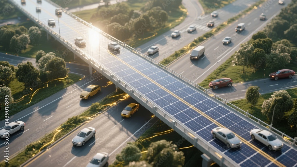 Fototapeta premium Solar Panels Integrated into a Highway Overpass