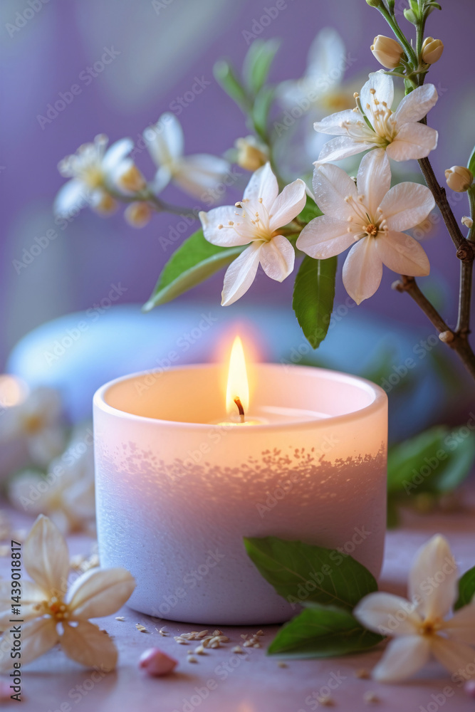 Aromatherapy candlelit spa display with jasmine flowers creating tranquil space for relaxation beauty products and self care therapy stock photo wallpaper background Aromatherapy candlelit spa display with jasmine flowers creating tranquil space for relaxation beauty products and self care therapy stock photo wallpaper background