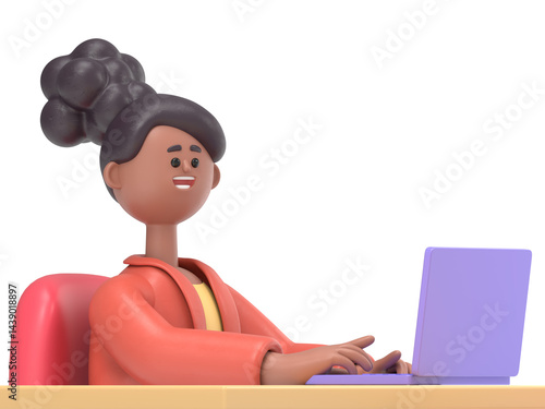 3D illustration of african american woman Coco sits at the table with a laptop.Transparent Background Mockup.Supports PNG files with transparent backgrounds.