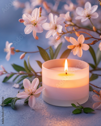 Aromatherapy relaxation ambiance at spa with candlelit display and jasmine flowers showcasing beauty products for tranquility stock photo wallpaper background photo