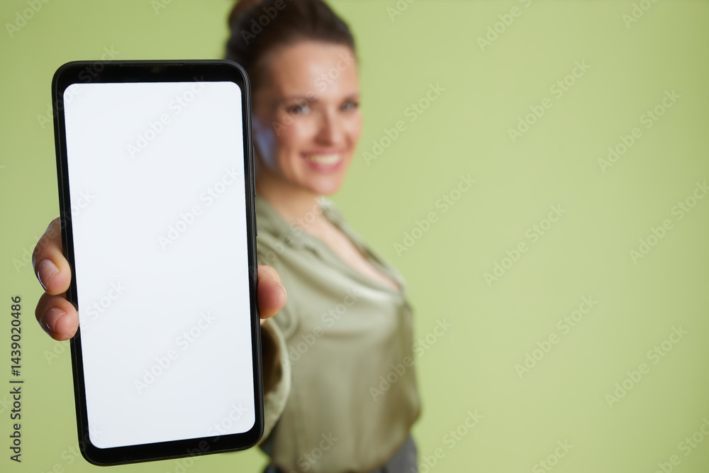 Blurred woman promoting smartphone app