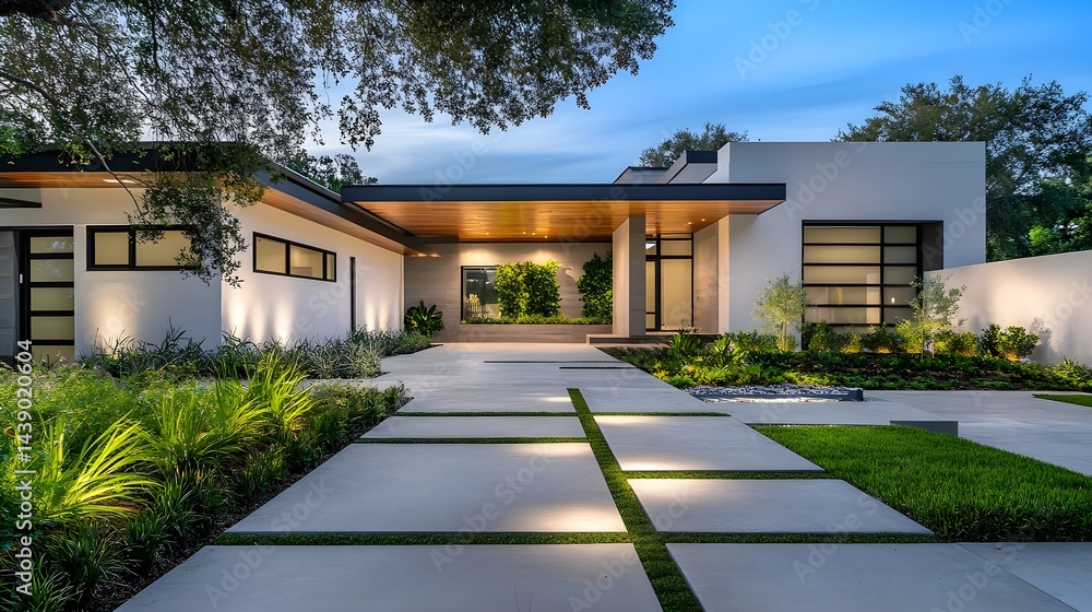 Fototapeta premium Modern House Exterior, Night Landscape - Minimalist Design