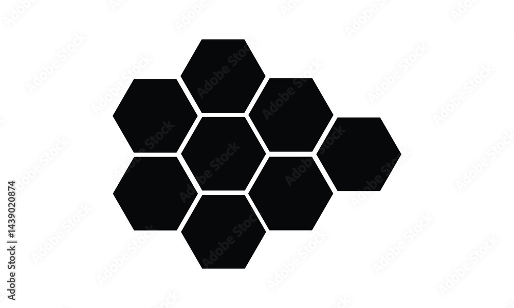 Black hexagon, honeycomb, design element, shapes, pattern with no strokes. Asset for photo collection, collage, template, frame, overlay, montage, clipping, layer mask. Transparent background. EPS 10.
