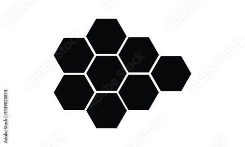 Black hexagon, honeycomb, design element, shapes, pattern with no strokes. Asset for photo collection, collage, template, frame, overlay, montage, clipping, layer mask. Transparent background. EPS 10.