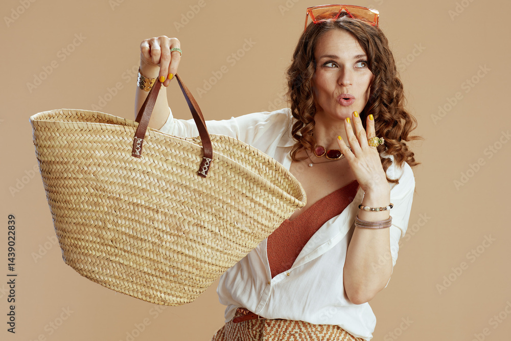 surprised elegant woman in blouse and shorts
