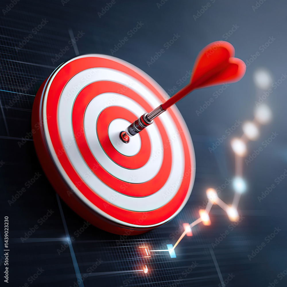 Achieving digital success with dart hitting center of target, symbolizing precision and focus Achieving digital success with dart hitting center of target, symbolizing precision and focus