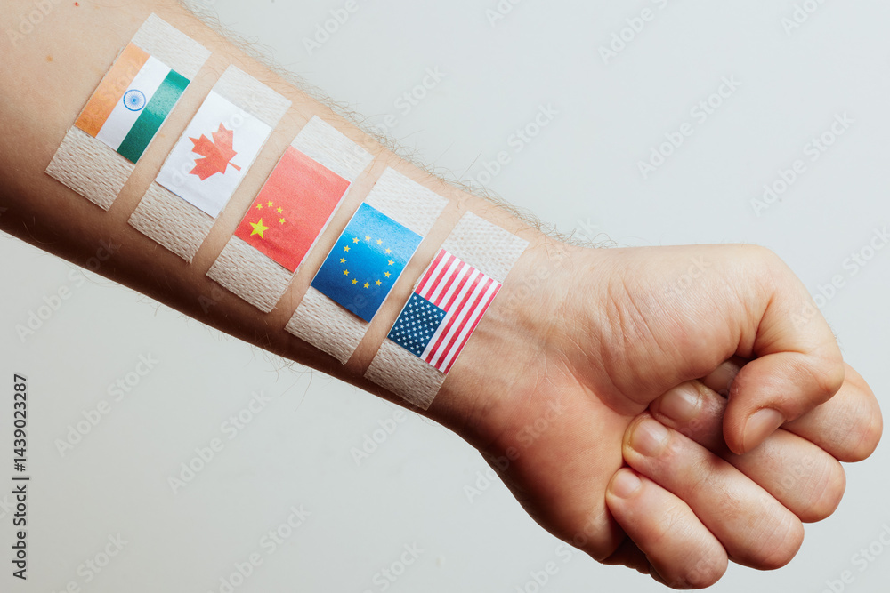 Flags of Major Economies on Arm - Global Trade Concept