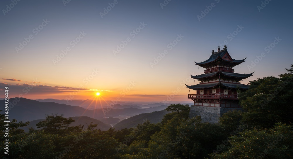 Pagoda at Sunset Over Mountain Scenery Pagoda at Sunset Over Mountain Scenery