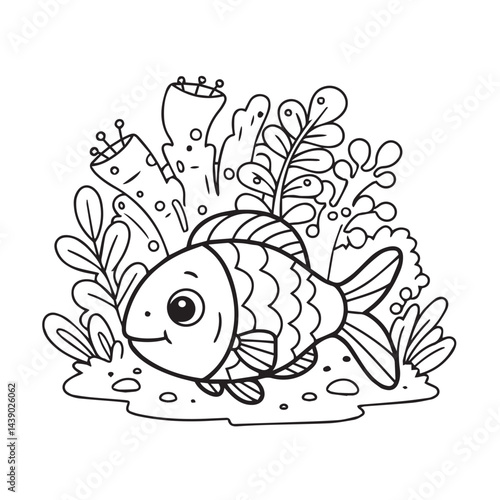 Happy little fish swimming underwater among coral reefs ideal for learning and coloring games

