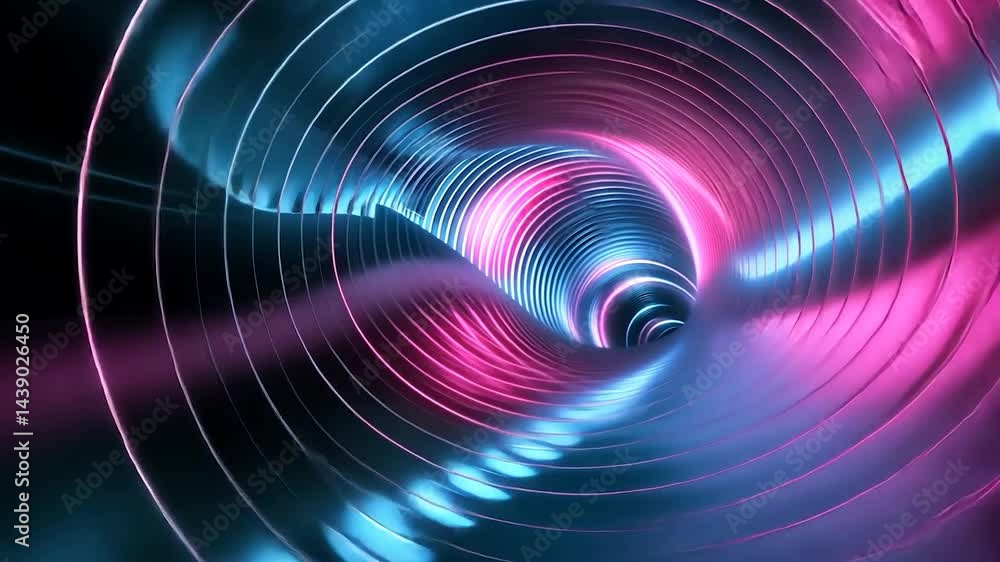 Lit tunnel with concentric rings in blue, pink, and black space Lit tunnel with concentric rings in blue, pink, and black space