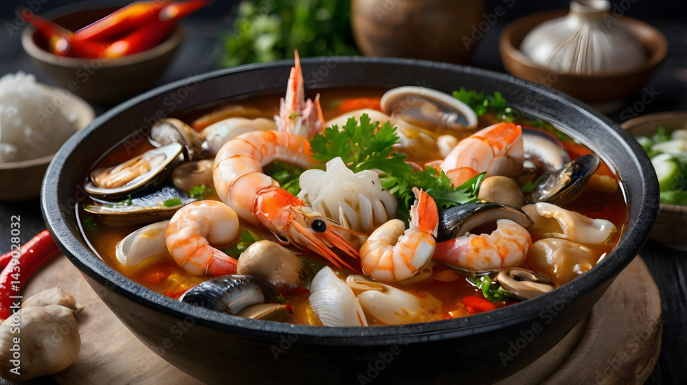 Ultra HD image of a hot pot filled with fresh seafood, mushrooms, and vegetables in a spicy broth Ultra HD image of a hot pot filled with fresh seafood, mushrooms, and vegetables in a spicy broth
