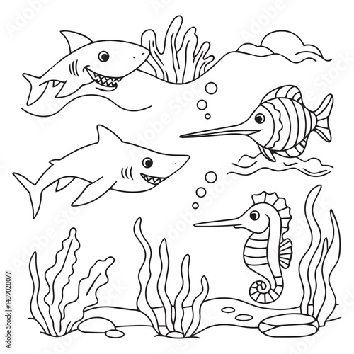 Playful underwater fish scene with corals bubbles and seaweed wonderful for kids art projects

