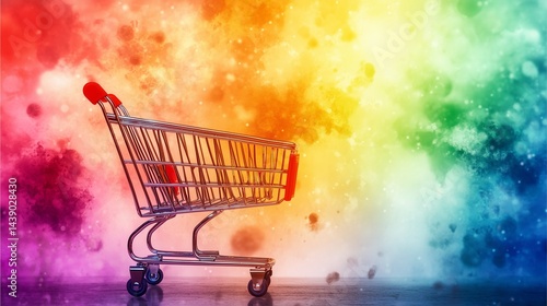 Shopping Cart Amidst a Colorful Splash: A singular shopping cart stands out amidst a vivid, swirling galaxy of colors, invoking a sense of vibrancy and retail possibility.