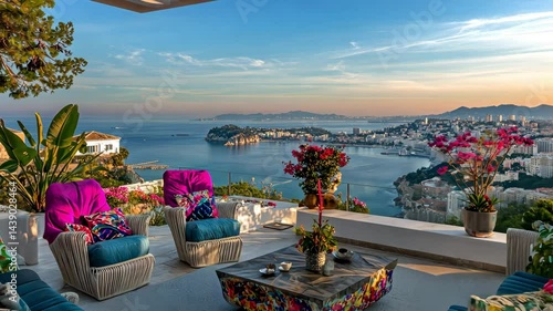 Vibrant terrace with colorful seating overlooking a serene coastal view at sunset