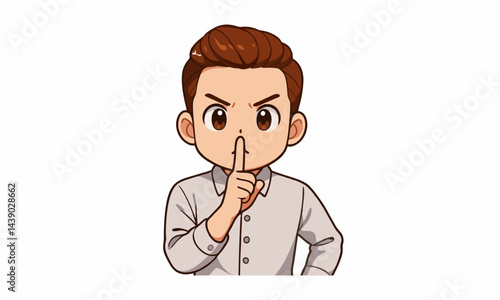 cute man with his index finger to his lips. concept of silence, ignorance, keeping a secret cartoon illustration