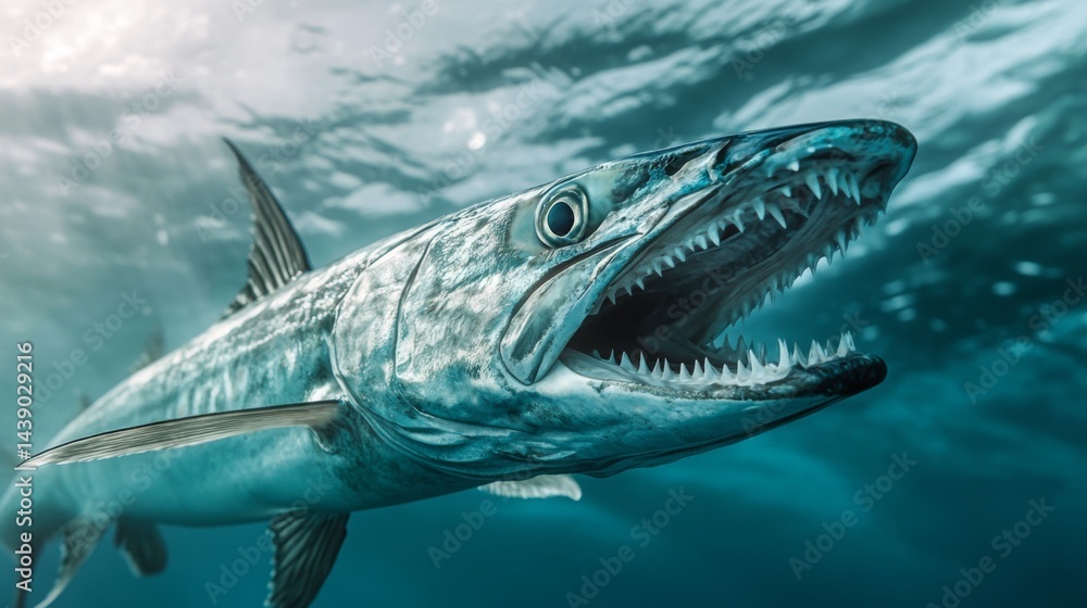 Fototapeta premium Beneath the waves, a barracuda showcases its sharp teeth in a vibrant underwater habitat