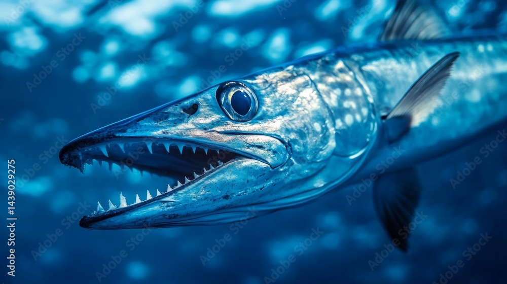 Fototapeta premium Intriguing underwater view of a barracuda swimming in a vibrant ocean environment