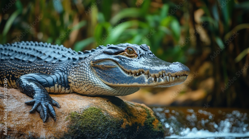 Obraz premium Crocodile resting on a rock by the water in a tropical environment during daylight