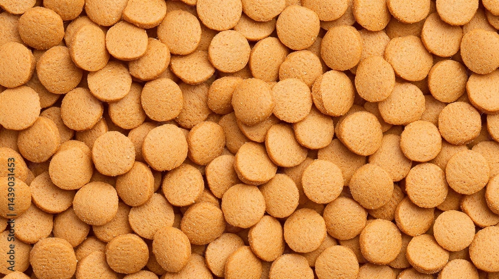 A close-up view of numerous small, round, golden-brown discs, likely representing a type of snack or food item, arranged densely in a textured pattern. A close-up view of numerous small, round, golden-brown discs, likely representing a type of snack or food item, arranged densely in a textured pattern.