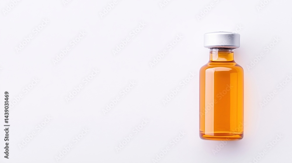 A simple glass vial filled with amber liquid, featuring a silver cap, set against a clean, white background. A simple glass vial filled with amber liquid, featuring a silver cap, set against a clean, white background.