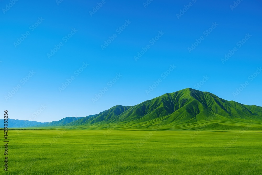Fototapeta premium Green field with a mountain in the background under a clear blue sky during daytime
