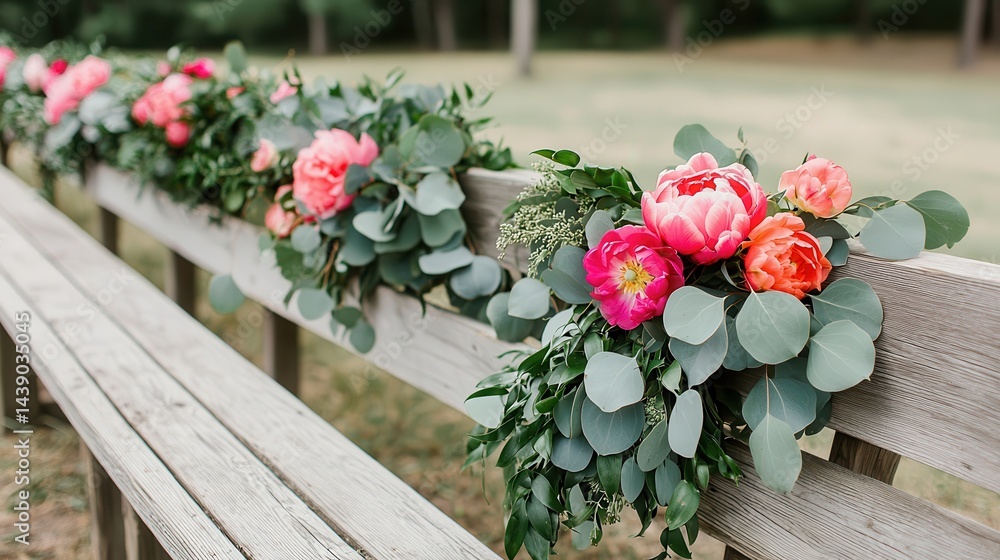 Charming Rustic Outdoor Wedding Decor with Floral Arrangements on Wooden Benches