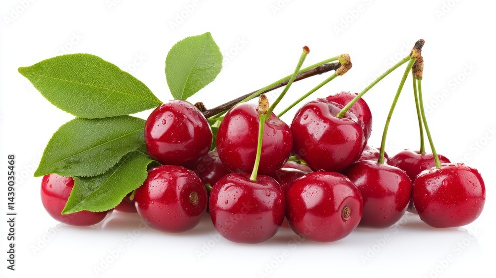A bunch of fresh cherries with green leaves reflective surface isolated on white background A bunch of fresh cherries with green leaves reflective surface isolated on white background