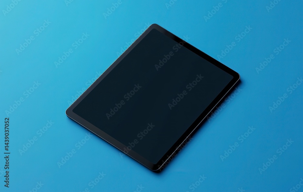 3D render of a black tablet with a blank screen on a blue background, viewed from a top-down angle. A mockup for design and advertising concepts. Black modern touch device mockup. 3D render of a black tablet with a blank screen on a blue background, viewed from a top-down angle. A mockup for design and advertising concepts. Black modern touch device mockup.