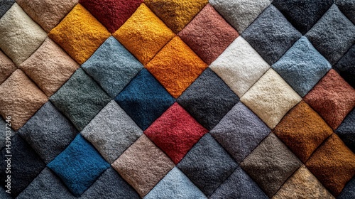 Colorful quilt design with diamond patterns in various textures