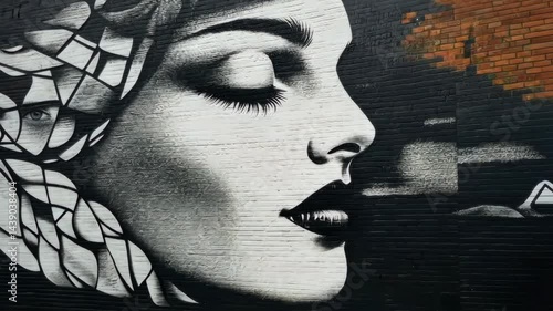 Artistic urban mural transformation: black and white graffiti on brick wall