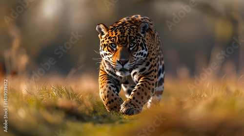 Obraz na płótnie Powerful Jaguar Running Through Golden Grassland w salonie