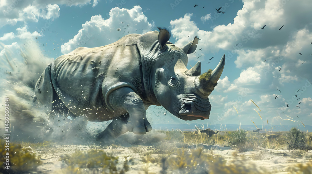 Powerful Rhino Running Through Dusty Savanna Under a Dramatic Sky