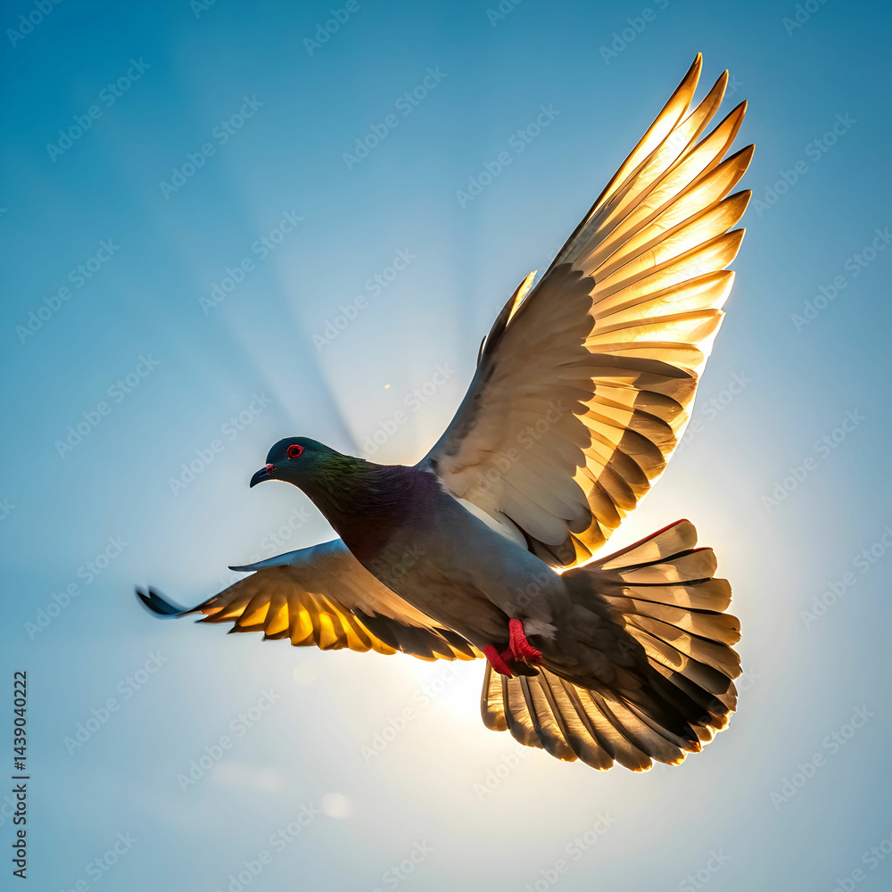 Fototapeta premium a pigeon flying in the air with the sun shining