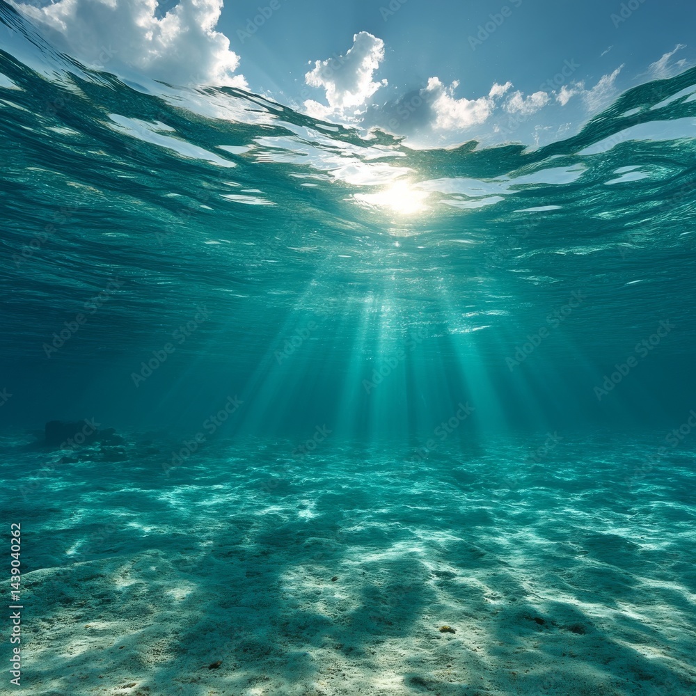 Naklejka premium Serene Underwater Scene Showcasing Sunlight Shimmering Through Crystal Clear Ocean Water, Highlighting Tranquil Marine Environment and Beautiful Sand Bed