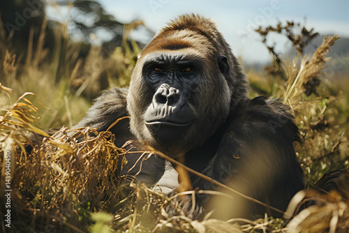 Powerful Silverback Gorilla in African Grassland