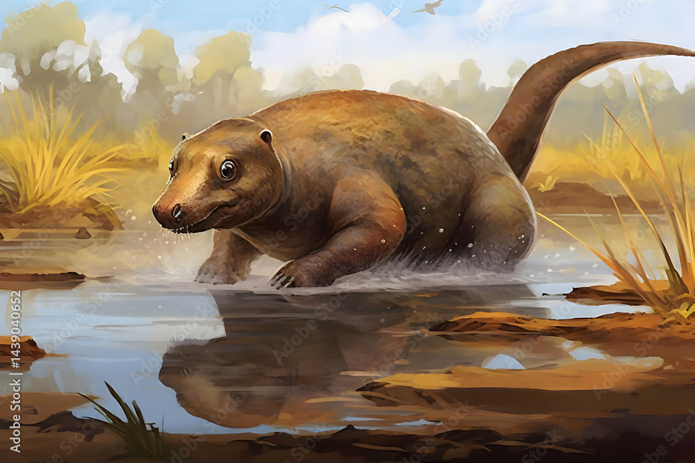 Prehistoric Mammal by Water: Digital Painting of Extinct Creature in Grassland Habitat