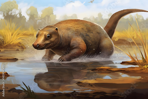 Prehistoric Mammal by Water: Digital Painting of Extinct Creature in Grassland Habitat