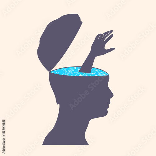 Hand of drowning person in human head. Hand go out of head. Internally suffering. Psychology concept of depression