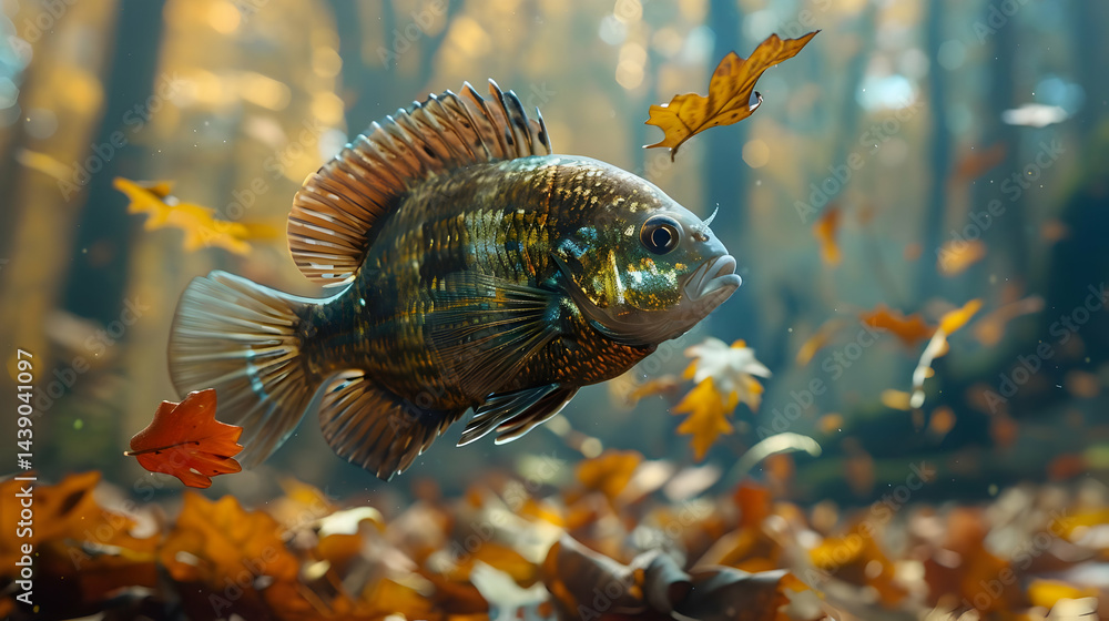 Pumpkinseed Sunfish Among Autumn Leaves in Forest Stream
