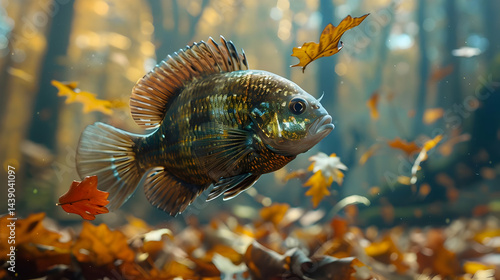 Obraz na płótnie Pumpkinseed Sunfish Among Autumn Leaves in Forest Stream w salonie