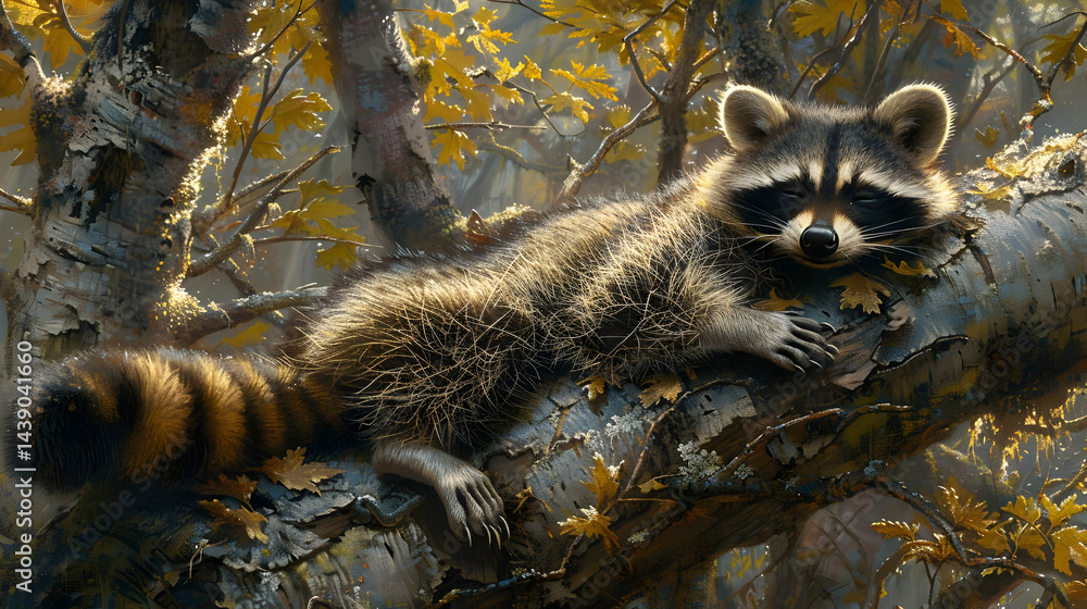 Raccoon Resting on Tree Branch in Autumn Forest