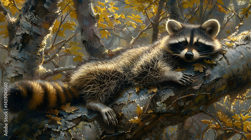 Obraz na płótnie Raccoon Resting on Tree Branch in Autumn Forest w salonie